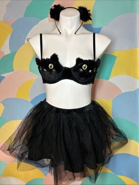 Dolls Kill Black Cat Plush Bra & Tulle Skirt, Tail set - Women sz s